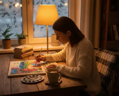 Человек наслаждается рисованием по номерам за уютным столом в тёплой польской квартире зимним вечером