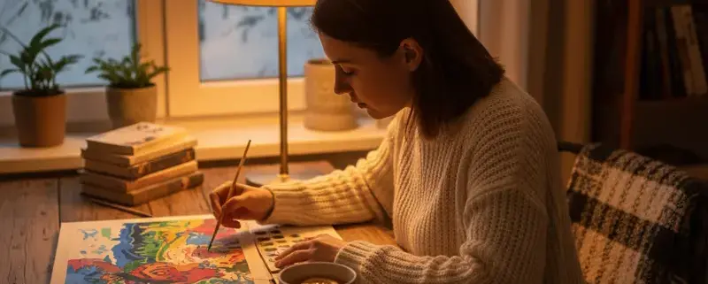 Человек наслаждается рисованием по номерам за уютным столом в тёплой польской квартире зимним вечером