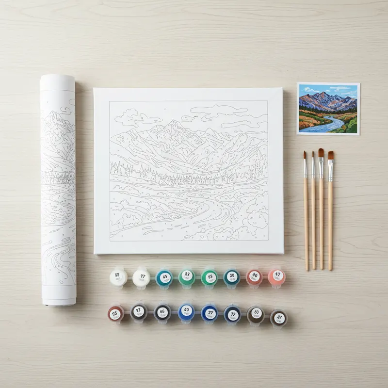 Полный набор для рисования по номерам, разложенный на деревянном столе: холст, баночки с красками и кисти