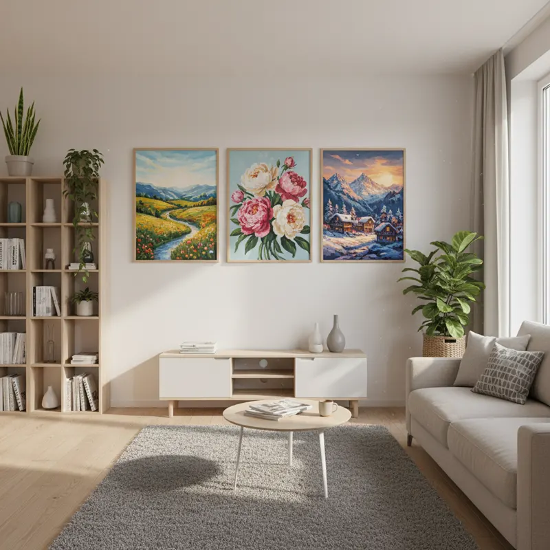 Три завершённые и оформленные в рамки картины по номерам на стене гостиной в современной квартире